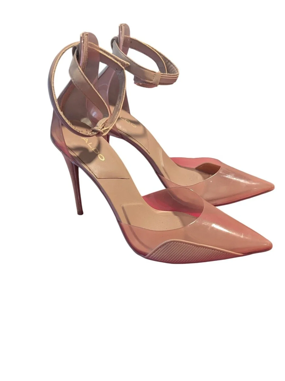 Aldo, Tan Pointed PVC Ankle-Strap Stiletto Heels,Size 10